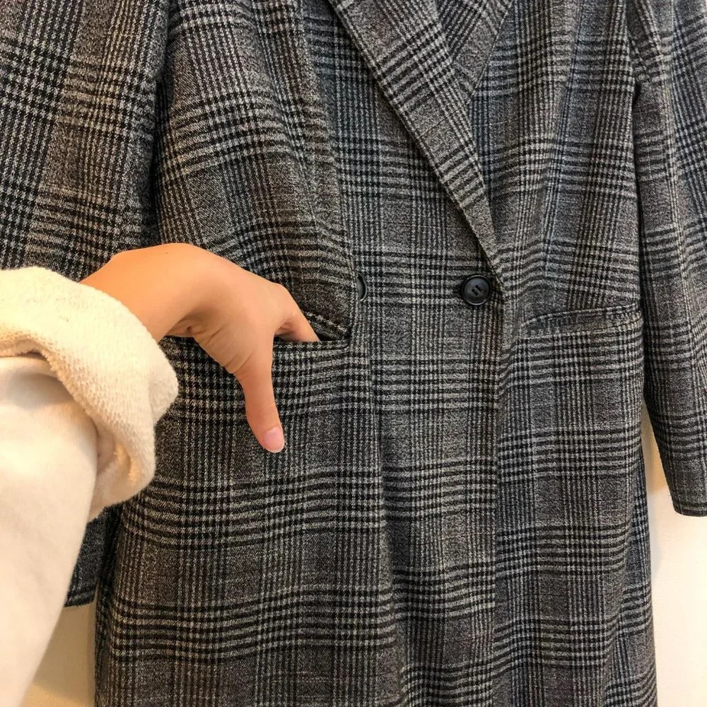 Something Navy Plaid Button Front Long Gray Collared Trench Coat S FLAWED - Picture 4 of 11